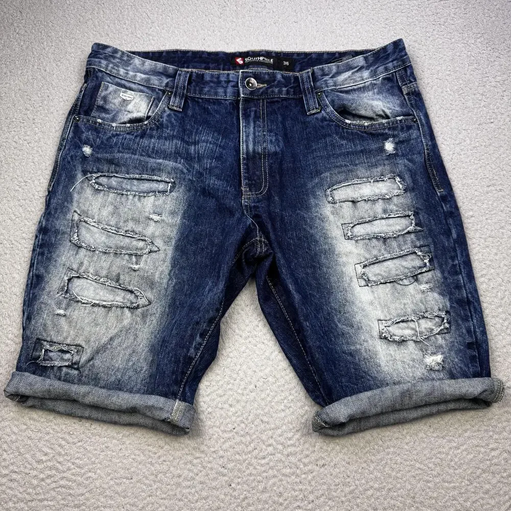 Southpole Shorts Mens 36 Blue Distressed Denim Ripped Jean Relaxed Fit Urban